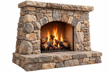 Fototapeta premium Rustic stone fireplace with warm glowing flames and firewood