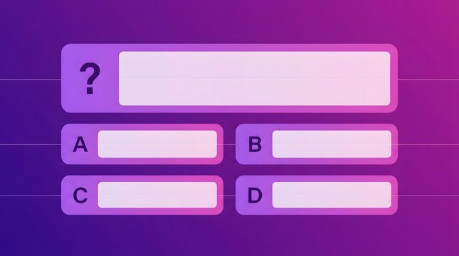 Blank quiz template with question box and four multiple choice answer buttons on purple background