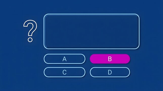 Quiz template with question box and four multiple choice answer buttons on a blue background design