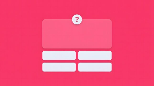 Minimalist quiz interface with question mark icon and multiple choice answer boxes on pink background