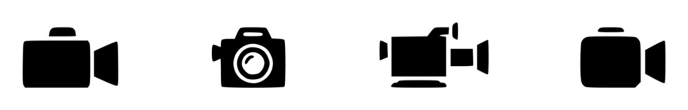 Set of four minimalist video camera icons arranged in a ho sVm V25PX3qRJMrFhIiIvg set with simple line art design featuring simple design, minimalist, black and white with illustrations and graphics