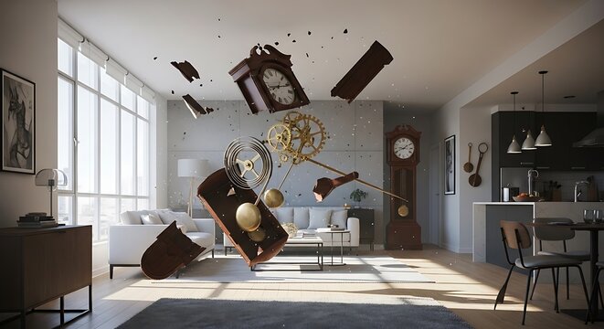 Surreal interior scene with furniture and objects floating in zero gravity.