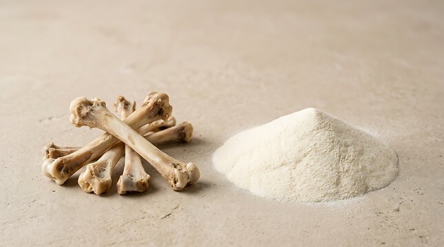 A pile of chicken bone calcium powder next to raw bones on a neutral surface, illustrating nutrition and dietary health