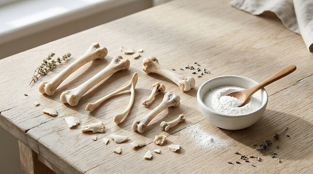 A wooden table arranged with chicken bone calcium ingredients showing natural bone powder in a bowl for health