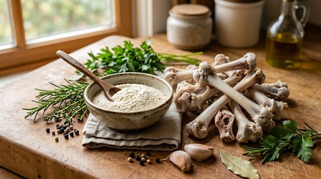Natural chicken bone calcium powder with raw bones, herbs, and spices on a rustic wooden kitchen cutting board