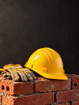 Yellow Construction Helmet and Work Gloves Resting on Red Bricks