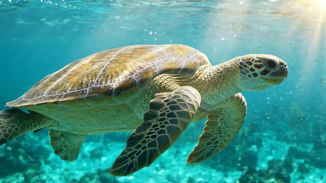 A majestic sea turtle gracefully swimming through crystal clear turquoise ocean water with sunlight filtering from above