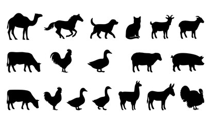 Fototapeta premium Farm and Domestic Animal Silhouette Vector Collection with Cow Horse Dog Cat and Sheep