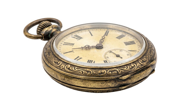 Vintage brass pocket watch with engraved ornate casing, antique mechanical timepiece with roman numerals, classic metal pocketwatch isolated PNG with Transparent Background