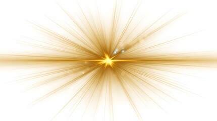 Fototapeta premium Starburst, lens flare - Glowing golden sunburst with radial light rays and horizontal flare effect isolated on a white background