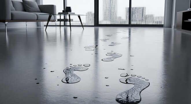 Wet footprints on a polished concrete floor in a modern apartment.