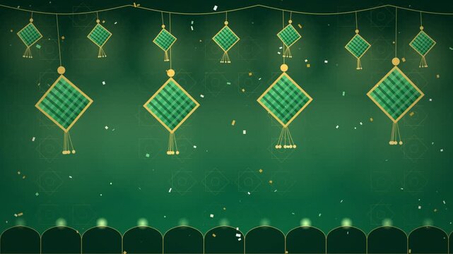 Eid Mubarak Ketupat Celebration Loop with Gold Patterns and Confetti