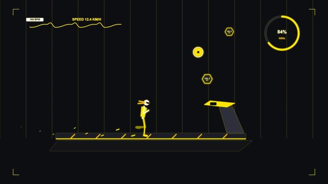 Digital stick figure running on a treadmill showing speed and heart rate metrics in a game interface fitness game treadmill workout digital character exercise app gaming interface