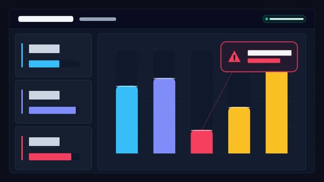 Digital analytics dashboard showing bar charts with status indicator and warning notification data visualization business statistics digital interface data report financial analysis