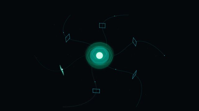 Glowing abstract vortex portal with swirling energy rings and connected data nodes on dark background swirl ring node tunnel wormhole swirl ring node tunnel wormhole