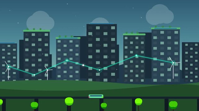 Eco Smart City Grid with Green Rooftops Wind Turbines and Sustainable Power Line 2D Motion Graphics