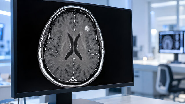 Brain tumor MRI and CT radiology concept with a small focal lesion on hospital monitors in a clean clinical setting for medical education, patient information, and healthcare website design