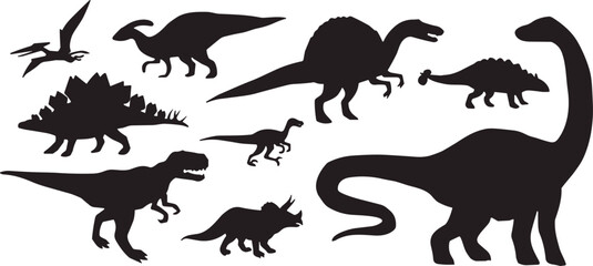 Dinosaur silhouette collection containing tyrannosaurus brachiosaurus triceratops and stegosaurus reptile wildlife vector graphic elements © MDABDUS