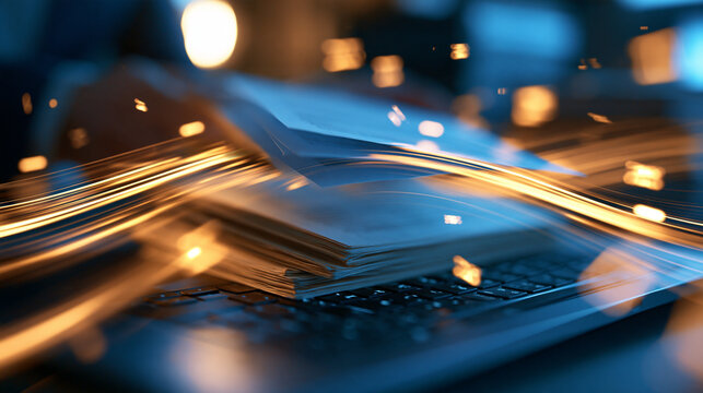 Data transformation concept, converting physical records into digital files, old documents scanned and transferred through light waves, with copy space