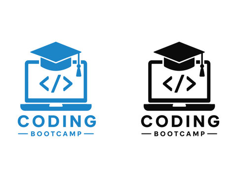 Coding Bootcamp Logo Icon with Laptop and Graduation Cap.