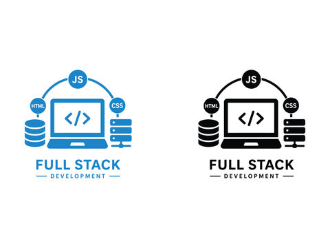 Full stack development concept icons with laptop and coding symbols.