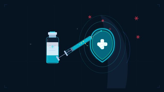Medical vaccine vial and syringe with glowing medical shield icon and virus symbols in healthcare animation immunization symbol virus protection medicine bottle injection tool health safety