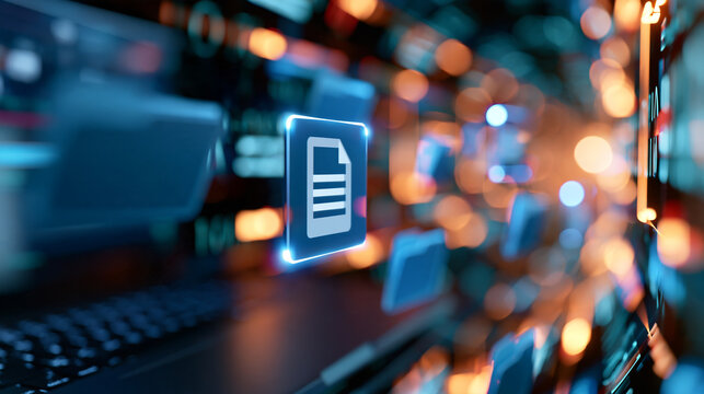 Digital data stream with a glowing document icon and folders flying through a colorful network tunnel, information technology and data management, with copy space