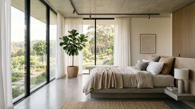 Modern Bedroom with Large Windows, Lush Garden View, Minimalist Design, Cozy Bed