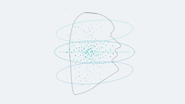 Human face profile outline with orbiting data rings and floating particles in futuristic medical scan head outline facial recognition human anatomy biometric scan futuristic tech