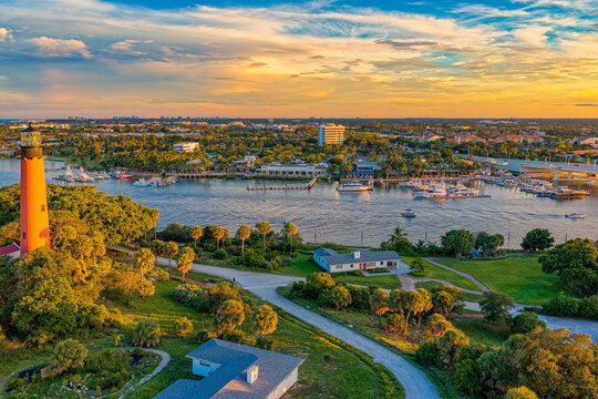 aerial view of Jupiter Inlet and marina at sunset