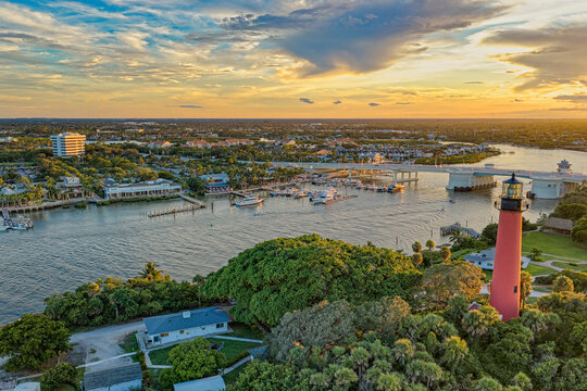aerial view of Jupiter Inlet at sunset