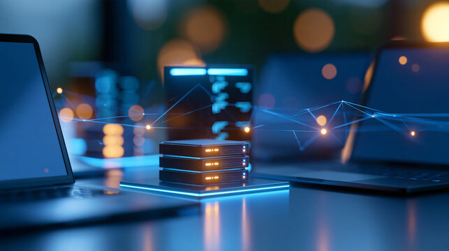 Futuristic digital network visualization featuring several laptops and a central server tower illuminated with neon blue light, with copy space