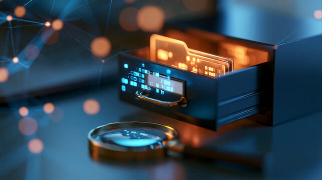Digital data searching through a filing cabinet with glowing documents and a magnifying glass on an abstract network background, with copy space
