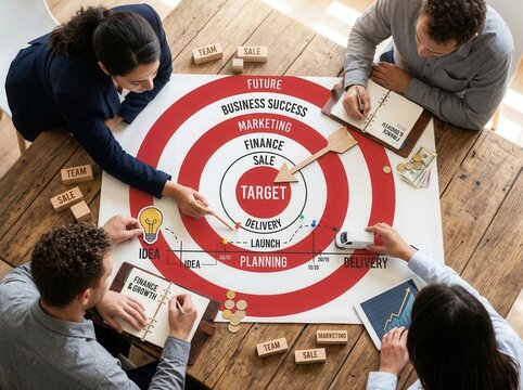 Diverse team strategizing around a business target and roadmap diagram planning for success