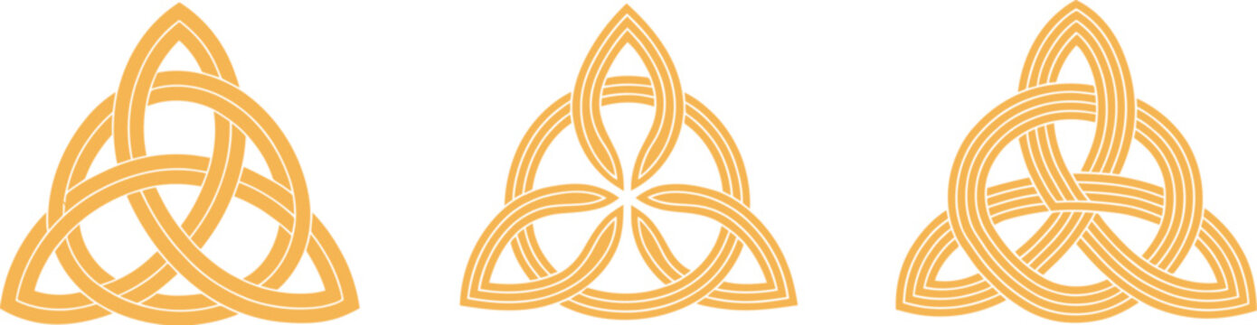 Gold Celtic triquetra knots set featuring traditional trinity symbol knotwork, interwoven pagan emblem icons, and ornament vector illustration.