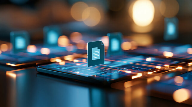 Digital transformation of documents into an integrated data system, glowing file icons connected by light streams on a digital platform, with copy space