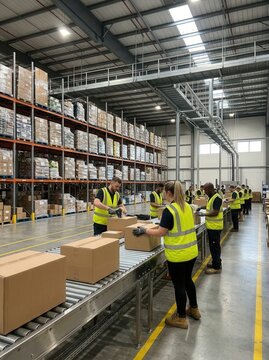 Logistics workers in high vis vests sort packages on conveyor belts in a modern warehouse