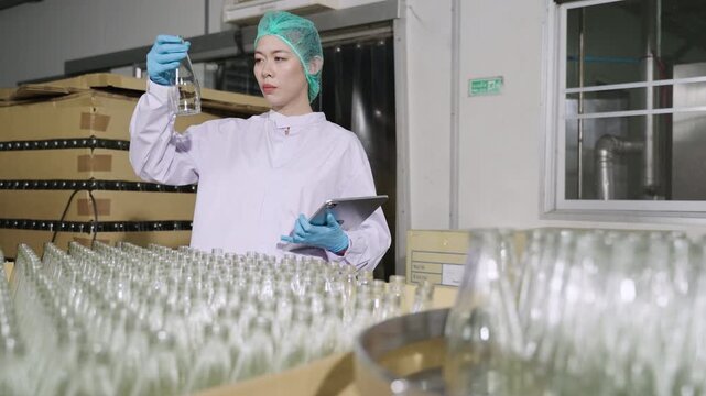 Professional Asian woman inspector worker in uniform of beverage factory holding and using digital tablet for analysis and checking the quality of empty glass bottles in the industry production line. 