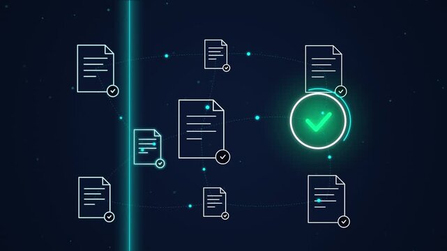 Digital document verification and data synchronization concept with glowing checkmark icon and connected file icons on dark background