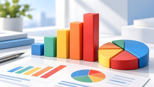 Colorful 3D bar graph and pie chart sitting on printed financial reports on a bright office desk representing business growth strategy and statistical analysis