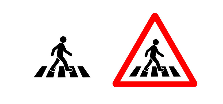 Pedestrian crossing warning sign icon set with zebra crossing and symbols. Standard Road safety and traffic control signs. Solid silhouette and red triangle.
