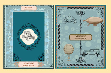 Vintage Retro Transport Cards Set – Antique Car, Airship, Hot Air Balloon and Carriage on Blue Ornate Frames © magerram