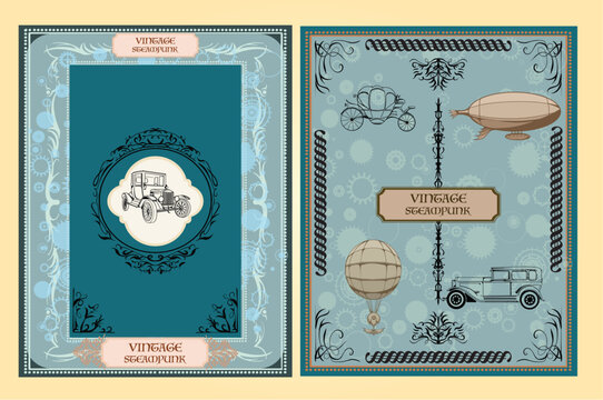 Vintage Retro Transport Cards Set &ndash; Antique Car, Airship, Hot Air Balloon and Carriage on Blue Ornate Frames