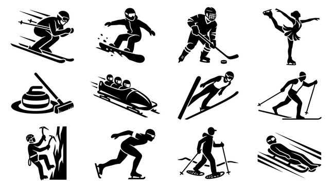 Black and white winter sports activity icons set including skiing and skating with activity recreation competition exercise equipment mountain physical training performance movement climbing