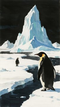 Penguins on Iceberg Landscape