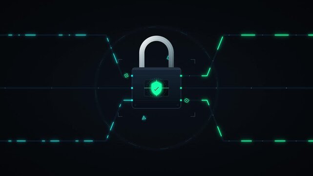 Digital cyber security padlock animation with glowing shield and network data lines connection concept
