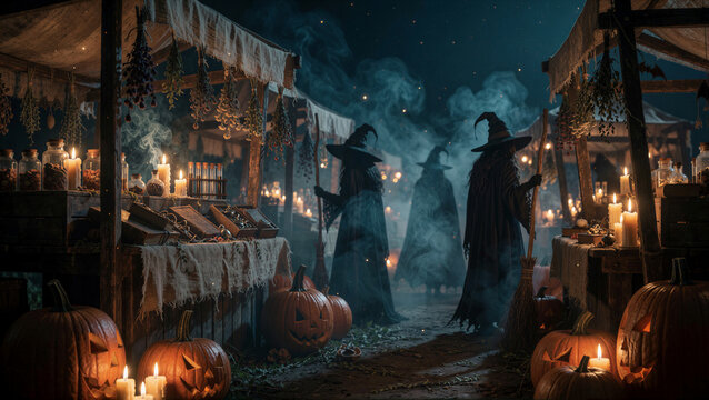Scary witches buying potions at a market on Halloween night