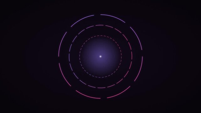 Futuristic neon purple dashed circles rotating on dark background, abstract cyberpunk hud animation pink