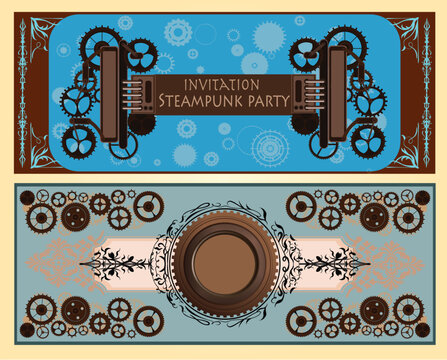 Steampunk vintage banners set with gears, mechanical clock, and industrial frames vector illustration