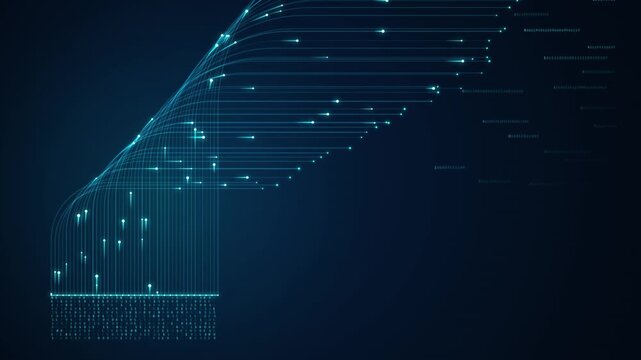 Abstract digital technology background with glowing blue data streams and binary code flowing into a network connection